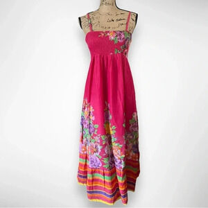 INDIAN EMPORIUM Women's Pink Smocked Floral‎ Striped Maxi Dress Free Size | EUC